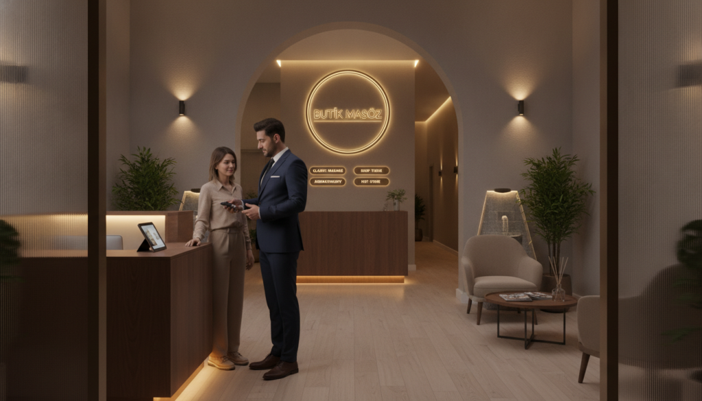 A well-lit, professional security checkpoint at the entrance of a massage salon named "Butik Masöz" in Başakşehir. In the foreground, a security guard dressed in smart, professional attire is checking identification from a client, radiating a sense of trust and safety. In the middle ground, a modern massage salon entryway is visible, with welcoming decor and clear signage indicating the services offered. The background features a calm, serene atmosphere with soft, warm lighting that casts gentle shadows, enhancing the inviting nature of the space. The angle is slightly elevated, showcasing both the interaction at the checkpoint and the salon's inviting ambiance, conveying a sense of professionalism and security within a tranquil setting.