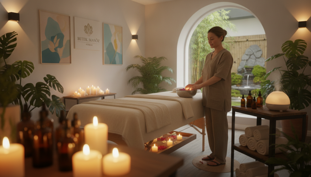 Create a serene and inviting image that showcases a wellness massage salon named "Butik Masöz" located in Pendik. In the foreground, depict a cozy massage room featuring soothing candlelight, soft ambient lighting, and natural elements like indoor plants. Include a massage table adorned with plush linens, and a small shelf with essential oils and towels. In the middle, suggest a professional massage therapist in modest casual attire, displaying a caring demeanor while preparing for a session. The background should feature calming artwork and a glimpse of a tranquil garden through a window, enhancing the overall atmosphere of relaxation and well-being. Capture the mood as peaceful and rejuvenating, using a soft focus lens to create a warm, inviting ambiance.