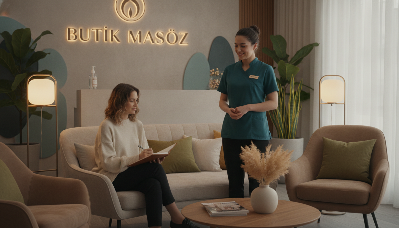 A cozy massage salon reception area titled "Butik Masöz". In the foreground, a warm and inviting seating arrangement with elegant couches and calming decor, including soft lighting from stylish lamps. To the left, a relaxed customer, dressed in casual, modest clothing, writing a review in a notebook with a serene expression. In the middle, a professional massage therapist, in a neatly pressed uniform, sharing a warm smile with the customer. The background features soothing wall art and indoor plants, enhancing the tranquil atmosphere. Soft light filters through a window, creating a peaceful ambiance. Focus on conveying comfort and quality service, suitable for illustrating customer reviews and evaluations in a professional context.